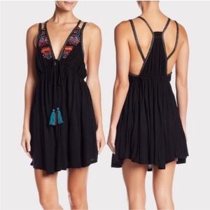 Free People Lovers Cove Mini Dress Black Sz L‎ Embroidered Festival Boho